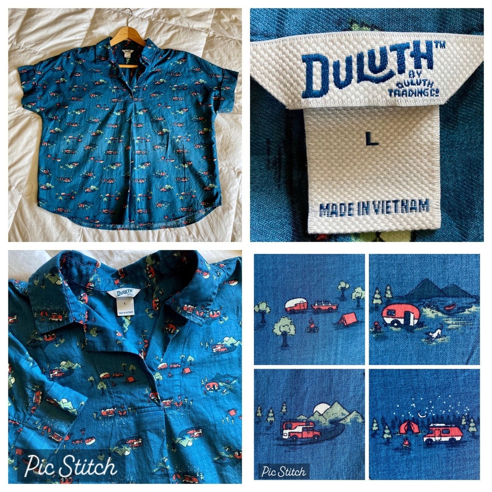 Duluth Trading Co Womens L Lightweight Printmaker Popover Blue Camper RV Organic